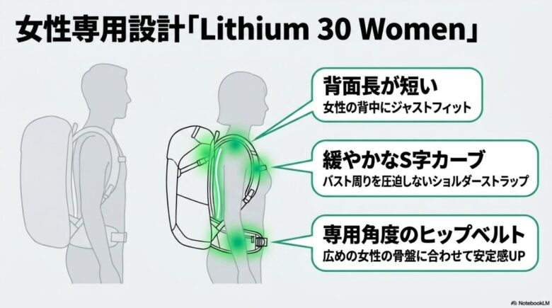 背面長、S字ショルダーストラップ、骨盤に合わせたヒップベルトの女性専用設計図