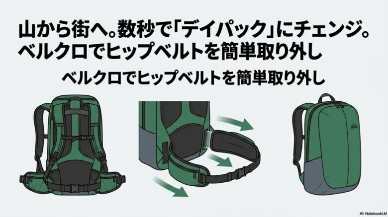 ベルクロでヒップベルトを簡単に取り外す手順のイラスト