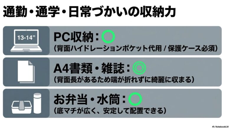 13-14インチPCやA4書類の収納イメージと注意点のスライド