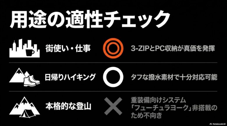 街使い、ハイキング、本格登山の3シーンにおけるカタリストの適正レベル比較図