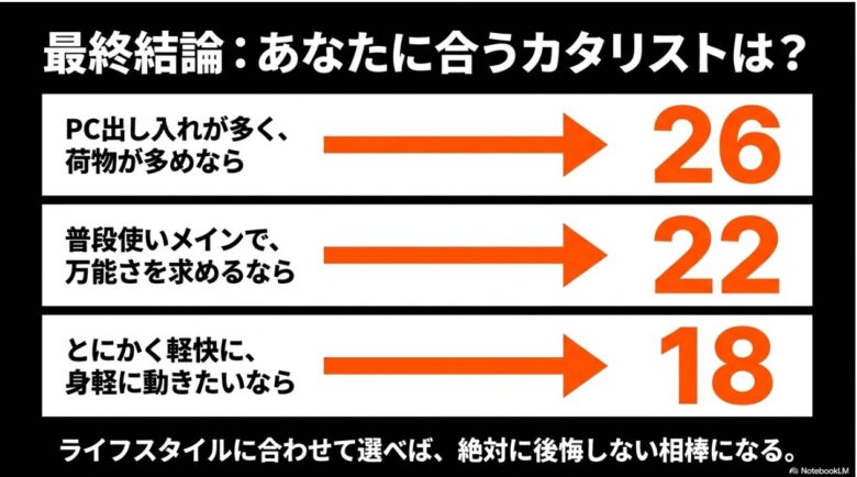 荷物量やPCの使用頻度から選ぶカタリスト18・22・26の決定版チャート