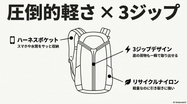 ギャラゲーターのイラスト。スマホや水筒を収納できるハーネスポケット、底の荷物も一瞬で取り出せる3ジップデザイン、軽量で引き裂きに強いリサイクルナイロンの3つの特徴を解説するスライド。