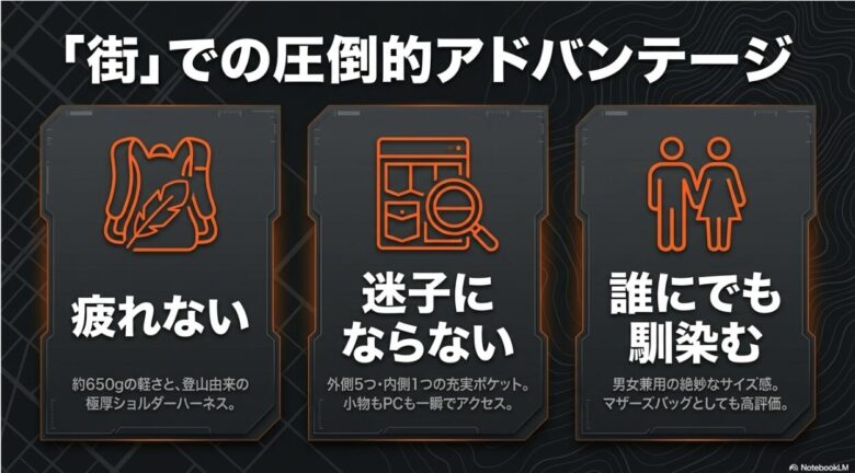 マムート エクセロン25の街使いにおける3つのメリット。極厚ショルダーハーネスで疲れない、6つのポケットで小物が迷子にならない、男女兼用でマザーズバッグにも馴染む絶妙なサイズ感であることを説明しています。
