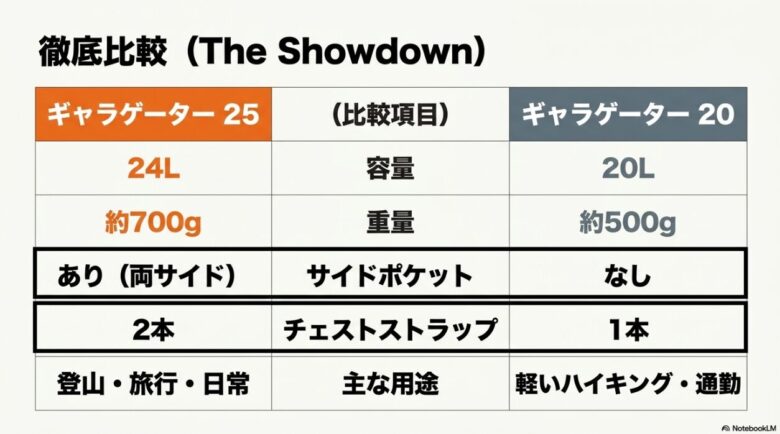 ギャラゲーター25と20の容量、重量、サイドポケット、チェストストラップ、主な用途を一覧でまとめた徹底比較表のスライド