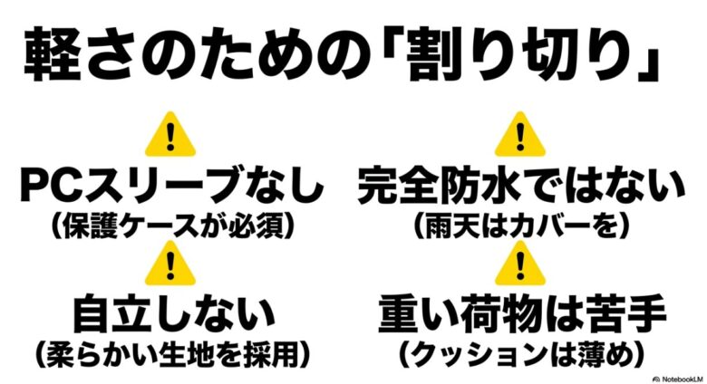 軽さのための割り切りポイントとして、PCスリーブなし、完全防水ではない、自立しない、重い荷物は苦手(クッション薄め)の4点を挙げたスライド