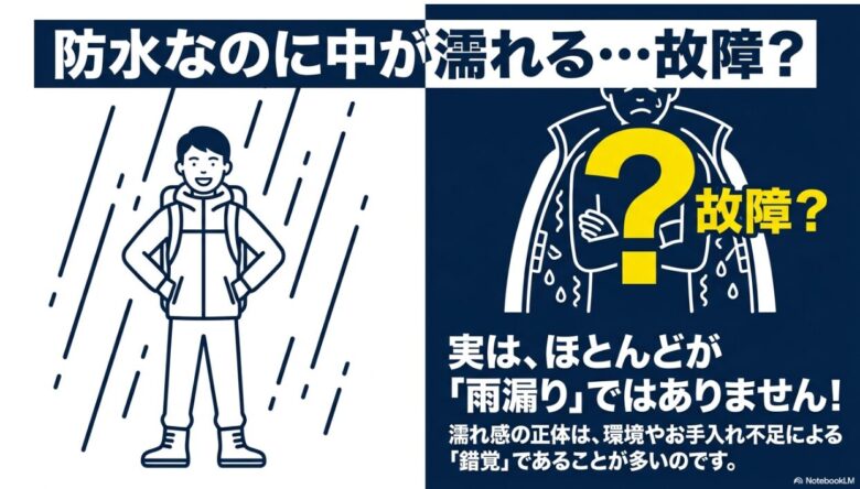 雨の中でコロンビアのオムニテックを着用した人が中が濡れる現象に直面し故障を疑っているイラスト