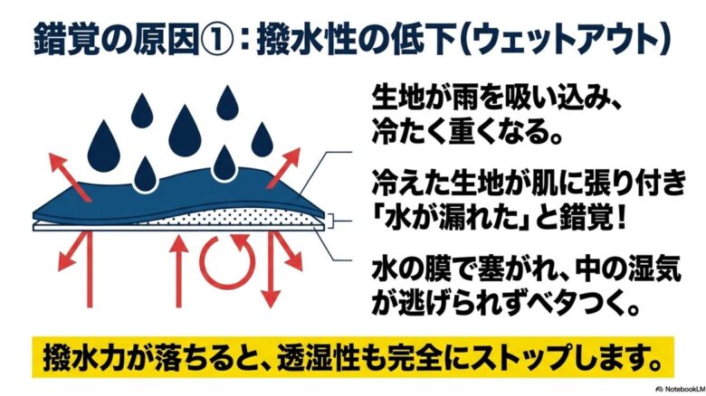防水透湿素材の撥水性が低下して最外層に水の膜ができるウェットアウト現象と透湿性がストップする仕組みの図解
