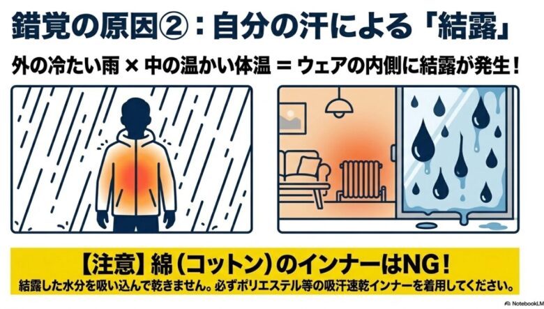 外の冷たい雨と中の温かい体温の温度差によって、冬の窓ガラスのようにウェアの内側に結露が発生するプロセスのイラスト