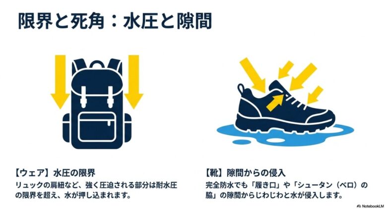 バックパックの肩紐による水圧負荷と、防水スニーカーの履き口やシュータンの隙間から水が侵入する死角の解説図