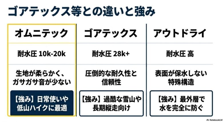 コロンビアのオムニテック、ゴアテックス、アウトドライの耐水圧と生地の柔らかさなどの強みを比較したスライド