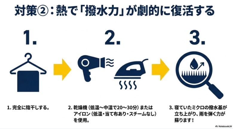 陰干し後に乾燥機やアイロンで熱を加えることで、寝ていたミクロの撥水基が立ち上がり雨を弾く力が蘇る手順