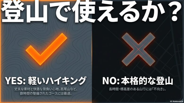 マムート エクセロン25が登山で使えるかを検証したスライド。高尾山など数時間の整備されたコースや軽いハイキングには最適だが、長時間や標高差のある本格的な登山には不向きと明記されています