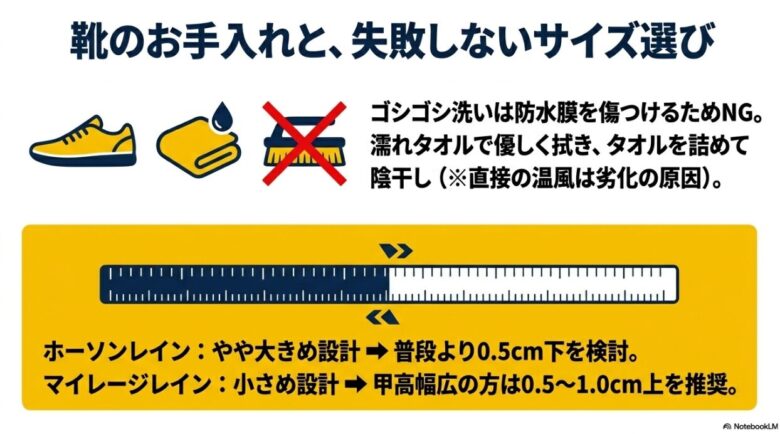 防水スニーカーを濡れタオルで優しく拭くお手入れ方法と、ホーソンレインやマイレージレインのサイズ選びの基準