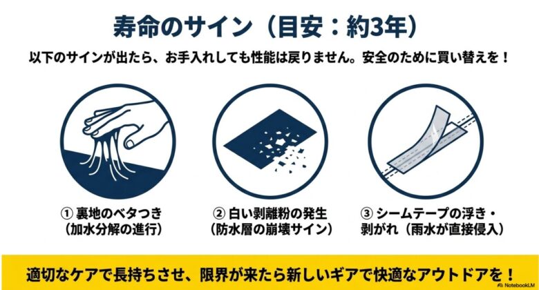オムニテックの寿命のサインである裏地のベタつき、白い剥離粉の発生、シームテープの浮き剥がれのイラスト