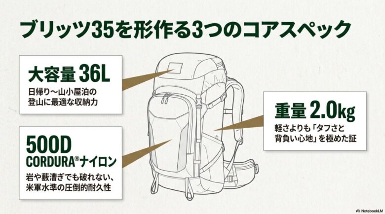 ミステリーランチ ブリッツ35を形作る3つのコアスペック（大容量36L、500D CORDURAナイロン、重量2.0kg）を解説したスライド資料