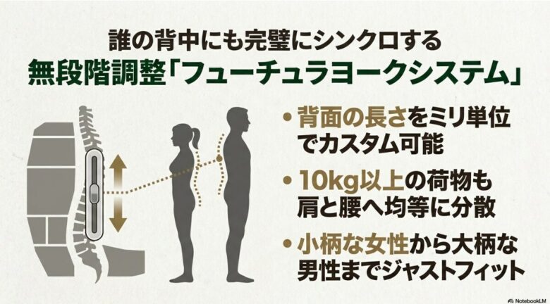 誰の背中にも完璧にシンクロする無段階調整「フューチュラヨークシステム」の特徴（ミリ単位のカスタム、10kg以上の荷重分散、男女問わずジャストフィット）を説明するスライド