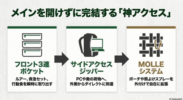 メインを開けずに完結する「神アクセス」機能として、フロント3連ポケット、サイドアクセスジッパー、MOLLEシステムによる外部拡張を説明するイラストスライド