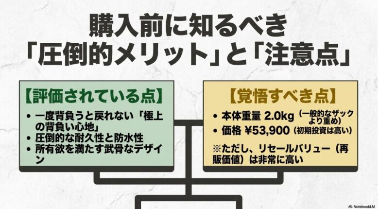購入前に知るべき圧倒的メリット（極上の背負い心地、高い耐久性・防水性、武骨なデザイン）と覚悟すべき注意点（本体重量2.0kg、価格53,900円、高いリセールバリュー）のまとめスライド。