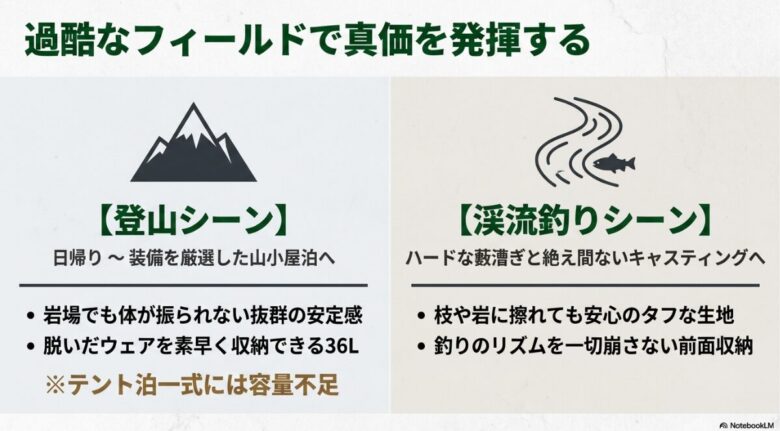 過酷なフィールドで真価を発揮するブリッツ35の登山シーン（日帰り〜山小屋泊の抜群の安定感）と渓流釣りシーン（タフな生地と前面収納）での活用メリットを描いたスライド