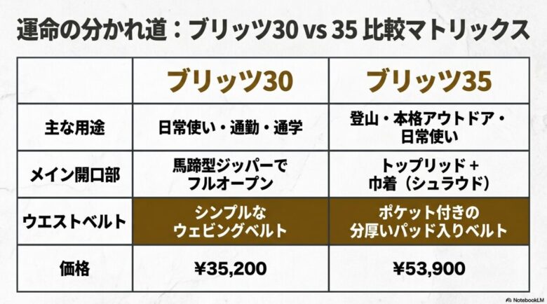 運命の分かれ道：ブリッツ30とブリッツ35の比較マトリックス表。用途、メイン開口部、ウエストベルト、価格の違いを分かりやすくまとめたスライド