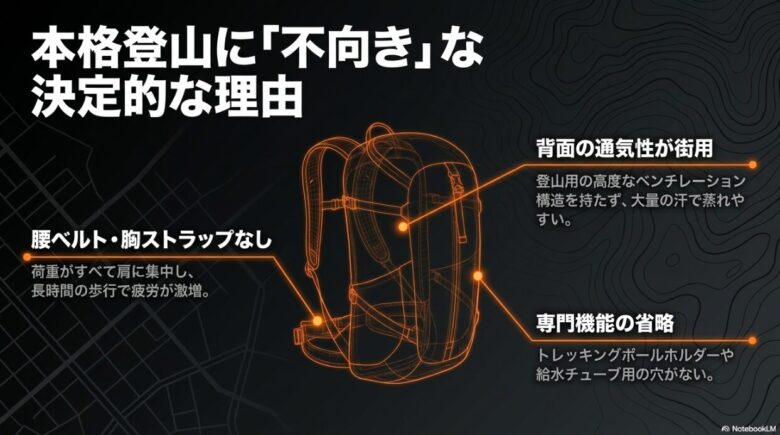 マムート エクセロン25が本格登山に不向きな決定的理由を解説するスライド。腰ベルトや胸ストラップがないため肩に荷重が集中すること、背面の通気性が街用で蒸れやすいこと、トレッキングポールホルダーなどの専門機能が省略されているバックパックの構造図です。