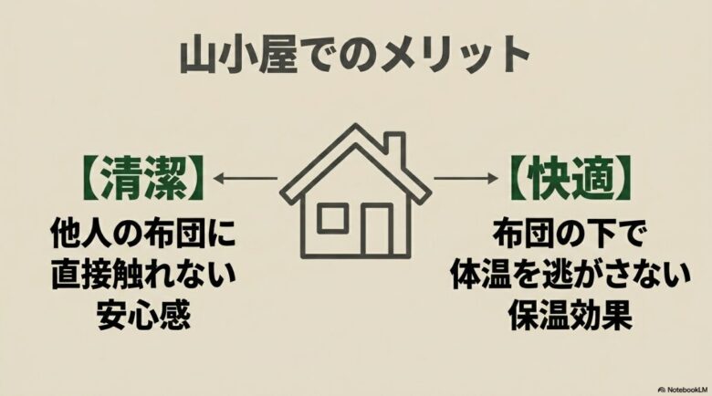 山小屋でのメリットとして、他人の布団に直接触れない「清潔さ」と、布団の下で体温を逃がさない「快適さ・保温効果」を解説したスライド。