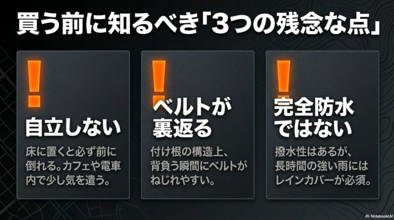 マムート エクセロン25の購入前に知るべき3つの残念な点。底部が狭く床に置くと前に倒れて自立しないこと、構造上ベルトが裏返りやすいこと、撥水性はあるが完全防水ではないことを挙げたスライドです。