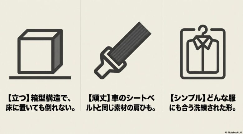 ミステリーランチ ビンドルの特徴を説明するイラスト。箱型構造で床に置いても倒れないこと、車のシートベルトと同素材の頑丈な肩ひも、シンプルな洗練された形状の3点を解説。