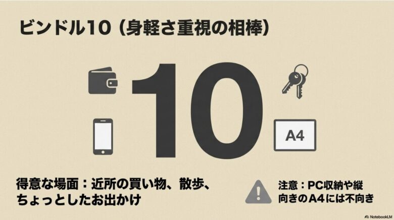 ビンドル10のレビュー解説。近所の買い物や散歩、ちょっとしたお出かけに得意な一方で、PC収納や縦向きのA4サイズには不向きである注意点をアイコンで表示。