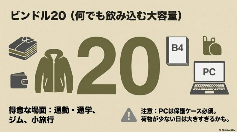 ビンドル20のレビュー解説。通勤・通学、ジム、小旅行など何でも飲み込む大容量な一方、PCには保護ケースが必須で、荷物が少ない日には大きすぎるかもしれない注意点を解説。