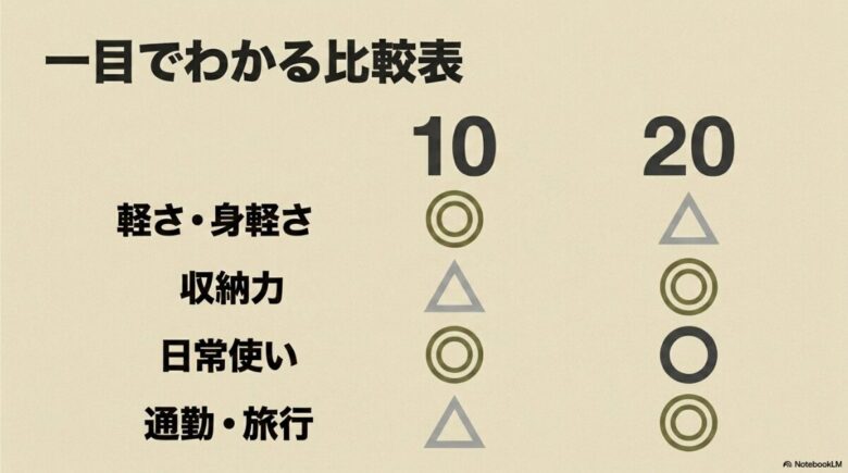 日常使いや身軽さにおけるビンドル10と20の評価比較表。10は軽さ・日常使いが二重丸、20は収納力や通勤・旅行に強みがあることを示すマトリクス