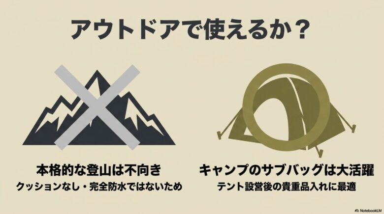 ビンドルのアウトドア適性の解説。クッション性がなく完全防水ではないため本格的な登山には不向きだが、キャンプのテント設営後の貴重品入れなどサブバッグとしては大活躍する旨を解説。
