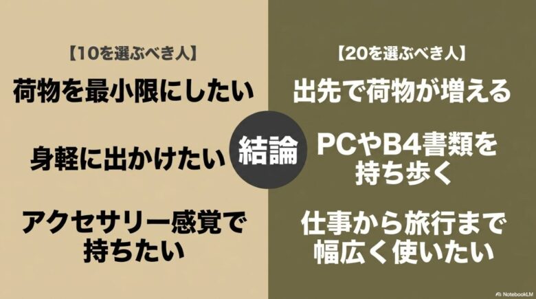 ビンドル10と20の選び方の結論。10を選ぶべき人は「荷物を最小限に、身軽にアクセサリー感覚で持ちたい人」。20を選ぶべき人は「PCやB4書類を持ち歩き、仕事から旅行まで幅広く使いたい人」と分類。