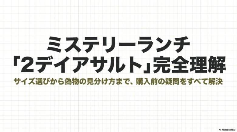 ミステリーランチ「2デイアサルト」完全理解。サイズ選びから偽物の見分け方まで、購入前の疑問をすべて解決という文言が書かれたアイキャッチ・導入用のスライド資料。