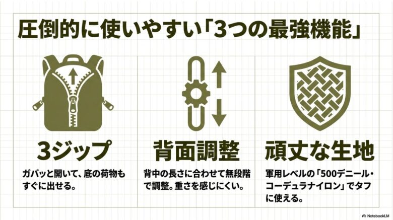 圧倒的に使いやすい「3つの最強機能」として、底の荷物もすぐ出せる「3ジップ」、背中の長さに合わせ無段階で調整できる「背面調整」、軍用レベルでタフに使える「頑丈な生地（500デニール・コーデュラナイロン）」を紹介するスライド資料。
