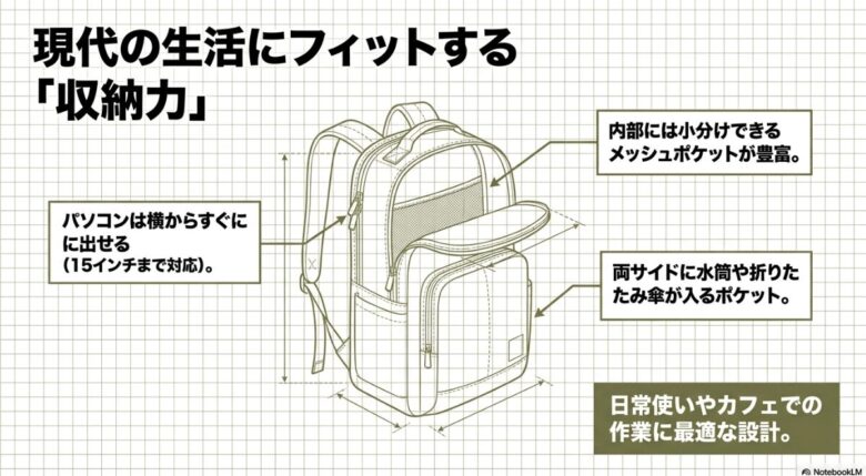 現代の生活にフィットする「収納力」。内部には小分けできるメッシュポケットが豊富、パソコンは横からすぐに（15インチまで対応）、両サイドに水筒や折りたたみ傘が入るポケットなど、日常使いやカフェでの作業に最適な設計をイラストで解説するスライド資料。