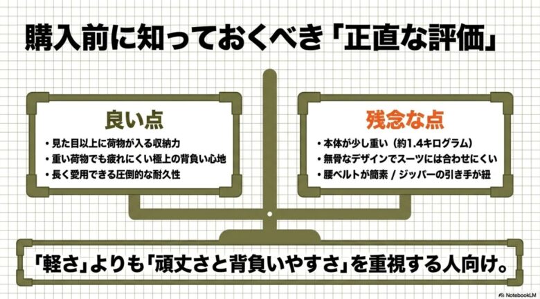 購入前に知っておくべき「正直な評価」。良い点として収納力・背負い心地・耐久性を挙げ、残念な点として本体重量が少し重い（約1.4kg）、無骨なデザイン、簡素な腰ベルトや引き手の紐を挙げ、「軽さ」よりも「頑丈さと背負いやすさ」を重視する人向けとまとめたスライド資料。