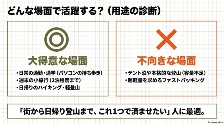 どんな場面で活躍する？（用途の診断）。大得意な場面として日常の通勤・通学、週末の小旅行、日帰りのハイキング・軽登山を挙げ、不向きな場面としてテント泊や本格的な登山、超軽量を求めるファストパッキングを挙げ、「街から日帰り登山まで、これ1つで済ませたい」人に最適と解説するスライド資料