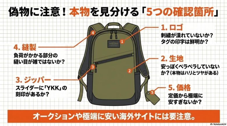 偽物に注意！本物を見分ける「5つの確認箇所」。1.ロゴ（刺繍やタグの印字）、2.生地（ハリとツヤ）、3.ジッパー（YKKの刻印）、4.縫製（負荷がかかる部分）、5.価格（定価から極端に安すぎないか）をバックパックのイラストと共に解説し、オークションや安い海外サイトへの注意を促すスライド資料