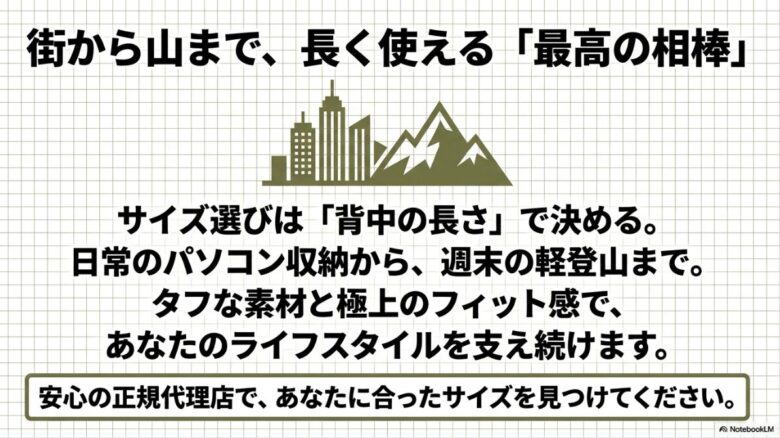 街から山まで、長く使える「最高の相棒」。サイズ選びは「背中の長さ」で決めること、日常のパソコン収納から週末の軽登山まで対応すること、タフな素材と極上のフィット感をアピールし、安心の正規代理店であなたに合ったサイズを見つけてくださいと結ぶ総括スライド資料。