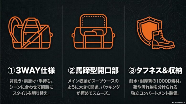 ミッションダッフルの3つの特徴を解説するスライド。1:背負う・肩掛け・手持ちの3WAY仕様、2:スーツケースのように大きく開く馬蹄型開口部、3:耐水・耐摩耗の1000D素材と独立コンパートメントのイラスト