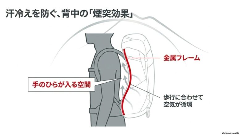 デュカン32を横から見た図解。金属フレームにより背中との間に手のひらが入る空間があり、歩行に合わせて空気が循環する仕組みの解説