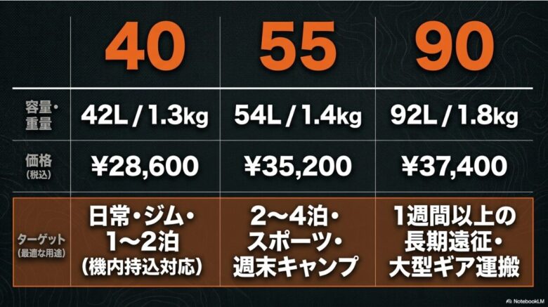 ミッションダッフル40、55、90の容量、重量、価格、ターゲット(最適な用途)をまとめた比較表スライド。