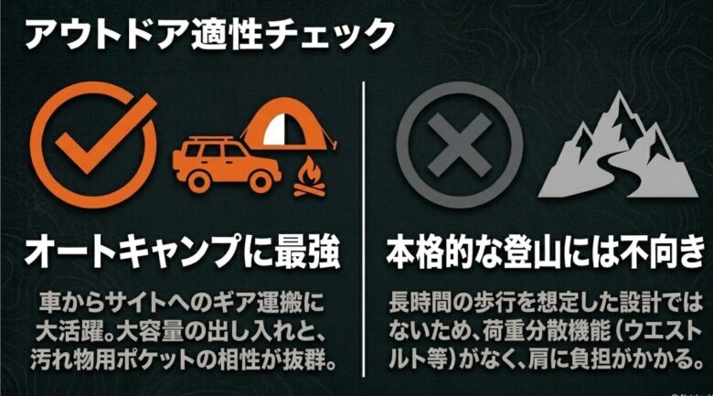 ミッションダッフルのアウトドア適性チェックのスライド。オートキャンプには荷物の出し入れや汚れ物ポケットの相性が良く最強、荷重分散機能がないため本格的な登山には不向きと解説。