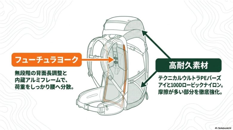 レイディックスの背面構造イラスト。無段階の背面長調整ができるフューチュラヨークシステムや内蔵アルミフレームによる荷重分散、高耐久素材(テクニカルウルトラPEバーズアイ、100Dロービックナイロン)の配置について解説されています。