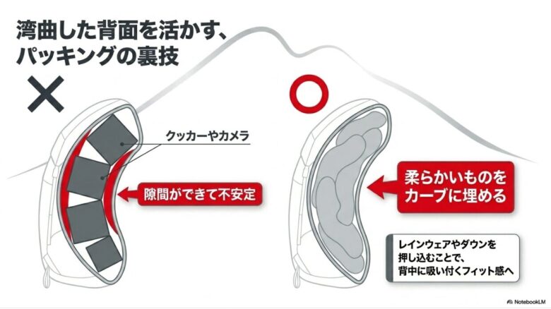 パッキングの裏技解説。クッカーなどの硬いものは隙間ができて不安定になるが、レインウェアなどの柔らかいものをカーブに押し込むことでフィット感が高まる図解。