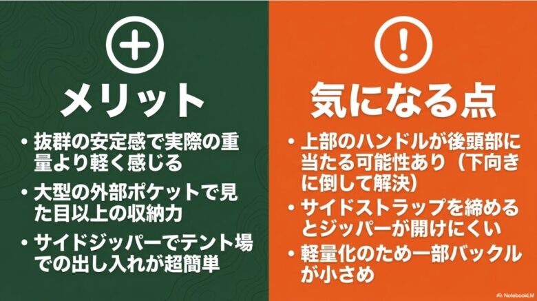 レイディックスのメリット(抜群の安定感、大型外部ポケット、サイドジッパー)と、気になる点(上部ハンドルの後頭部への干渉、サイドストラップとジッパーの干渉、一部バックルの小ささ)を対比してまとめたスライド
