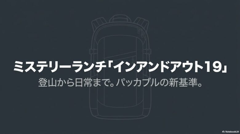 ミステリーランチのバックパック「インアンドアウト19」完全ガイドの表紙スライド。「登山から日常まで。パッカブルの新基準。」というキャッチコピーが記載されています