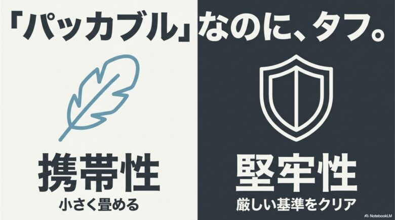 インアンドアウト19のコンセプト説明スライド。「パッカブルなのに、タフ。」というメッセージとともに、小さく畳める携帯性と厳しい基準をクリアした堅牢性を両立していることが解説されています。