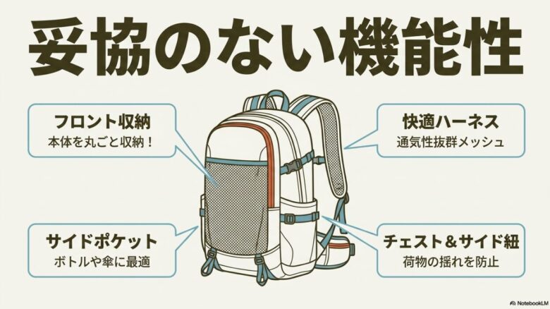 インアンドアウト19の各部機能を解説するスライド。本体を丸ごと収納できるフロント収納、通気性抜群メッシュの快適ハーネス、ボトルや傘に最適なサイドポケット、荷物の揺れを防止するチェスト&サイド紐が紹介されています